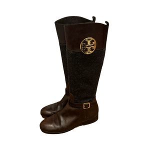 Tory Burch Patterson Womens 9 Boots Brown Leather Wool Tall KneeHigh Riding Gray